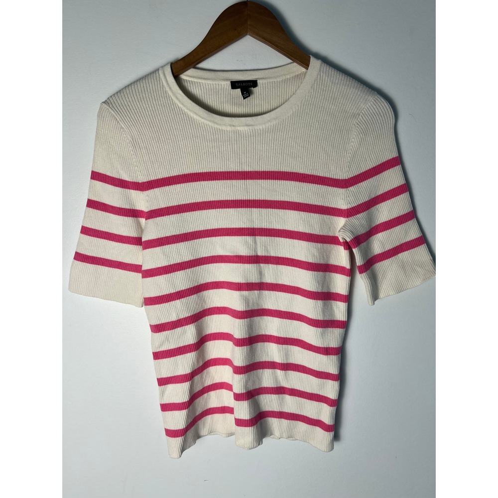 Talbots Short Sleeve Sweater M Ivory Pink Striped Rib Knit Top Preppy Old Money